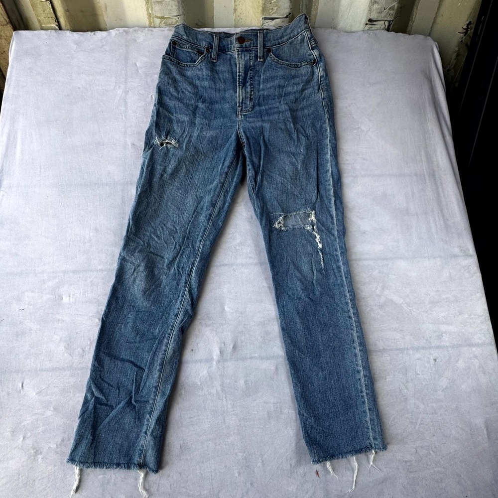 Madewell The Perfect Vintage Jeans Womens 28 Blue Denim Logo Raw Hem Distressed